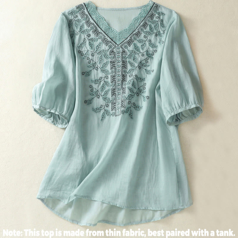 Embroidered Lace Casual Women's Cotton Linen Half Sleeve T-shirt