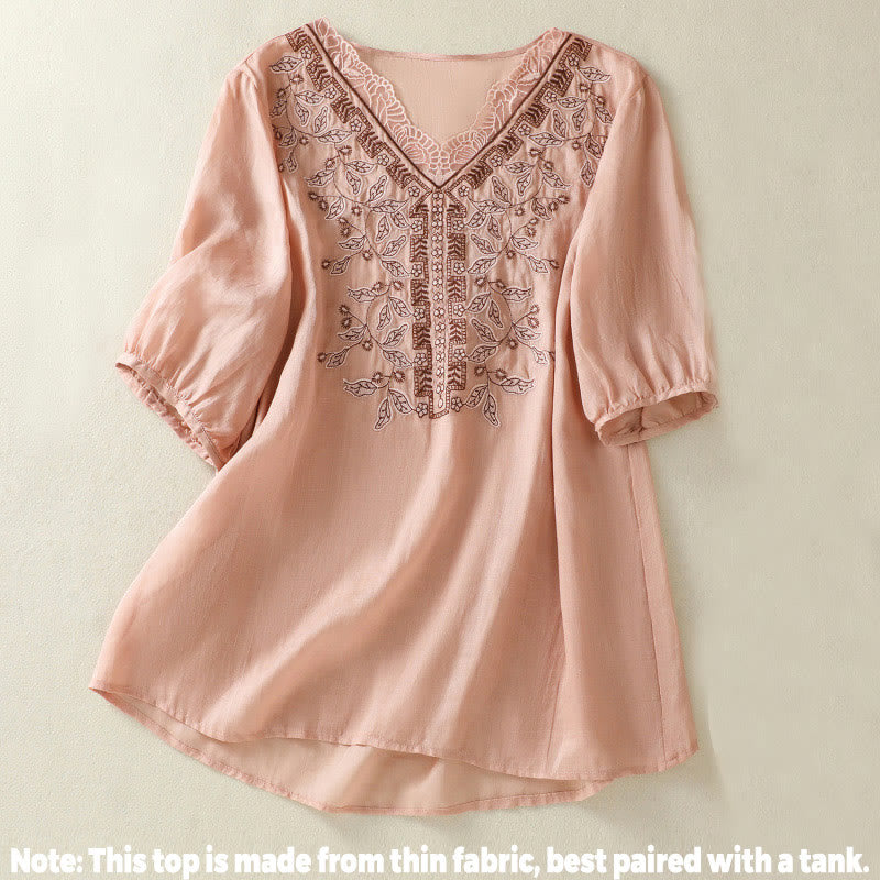 Embroidered Lace Casual Women's Cotton Linen Half Sleeve T-shirt