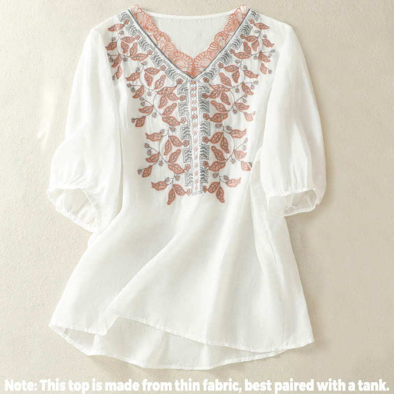 Embroidered Lace Casual Women's Cotton Linen Half Sleeve T-shirt