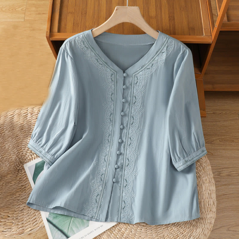 Breathable Cotton Symmetrical Embroidered Mindful V-Neck Shirt