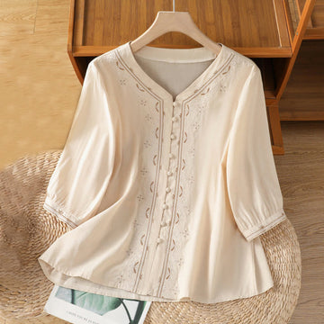 Breathable Cotton Symmetrical Embroidered Mindful V-Neck Shirt
