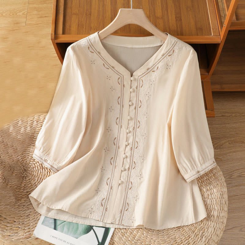 Breathable Cotton Symmetrical Embroidered Mindful V-Neck Shirt