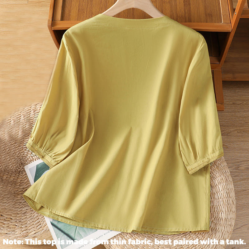 Breathable Cotton Symmetrical Embroidered Mindful V-Neck Shirt
