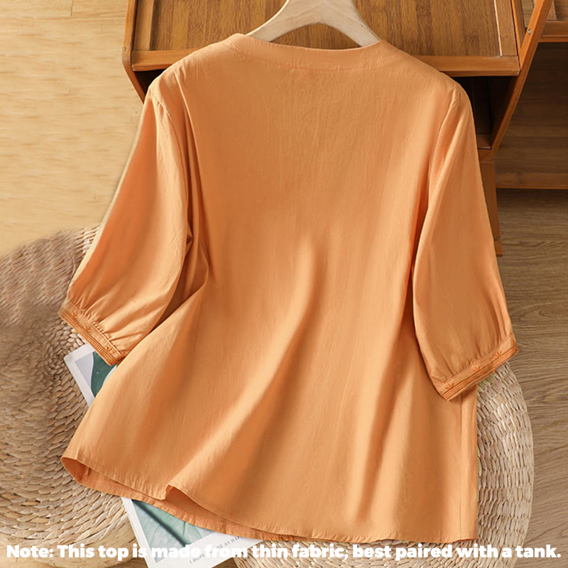 Breathable Cotton Symmetrical Embroidered Mindful V-Neck Shirt