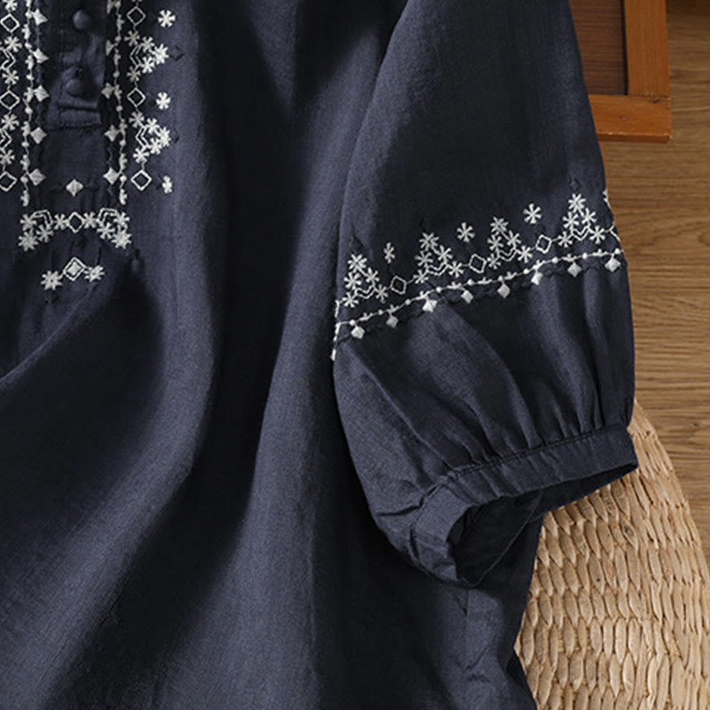Tactile Cotton Embroidered Crew Neck Meditation Shirt