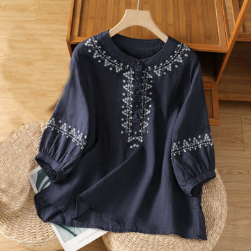 Tactile Cotton Embroidered Crew Neck Meditation Shirt