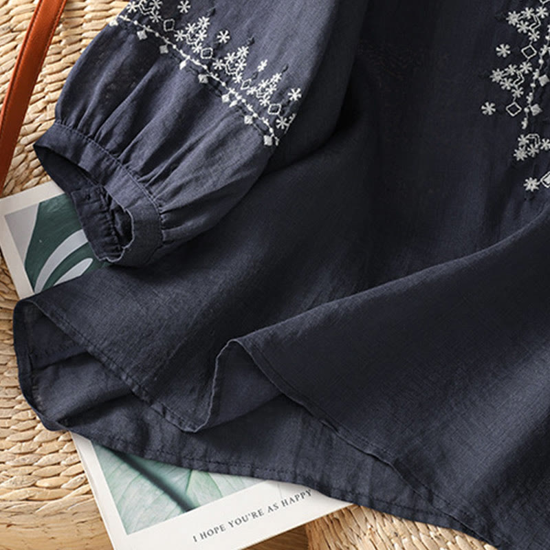 Tactile Cotton Embroidered Crew Neck Meditation Shirt
