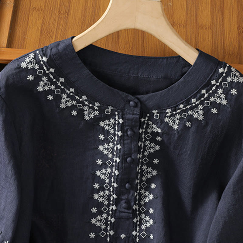 Tactile Cotton Embroidered Crew Neck Meditation Shirt