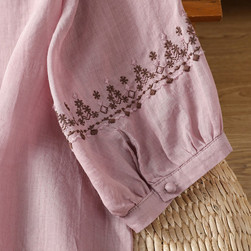 Tactile Cotton Embroidered Crew Neck Meditation Shirt