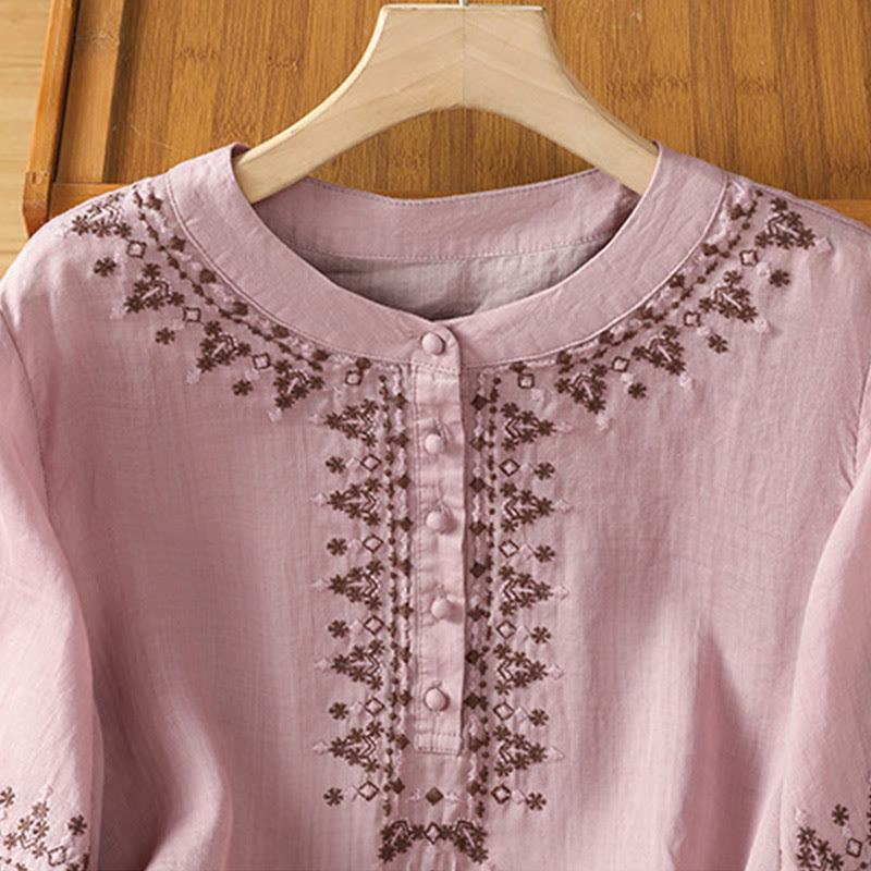 Tactile Cotton Embroidered Crew Neck Meditation Shirt