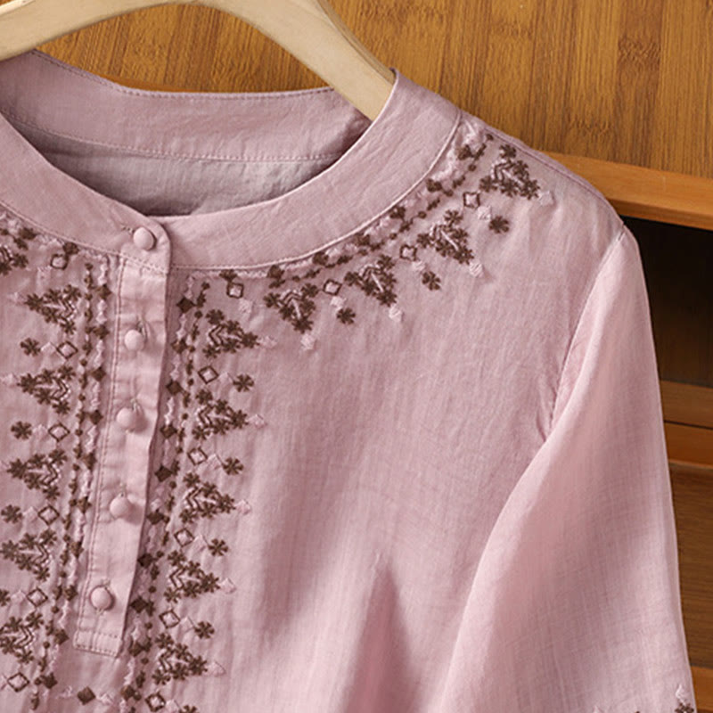 Tactile Cotton Embroidered Crew Neck Meditation Shirt
