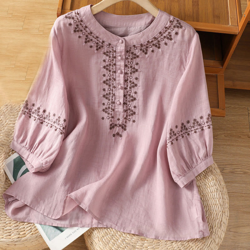 Tactile Cotton Embroidered Crew Neck Meditation Shirt