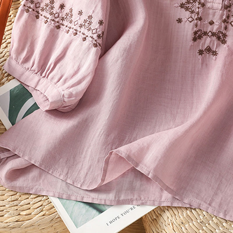 Tactile Cotton Embroidered Crew Neck Meditation Shirt