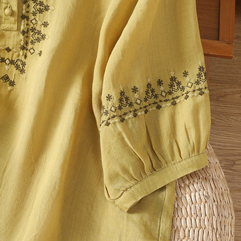 Tactile Cotton Embroidered Crew Neck Meditation Shirt