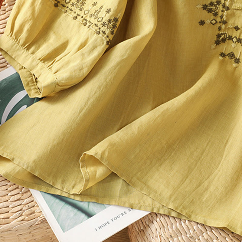Tactile Cotton Embroidered Crew Neck Meditation Shirt