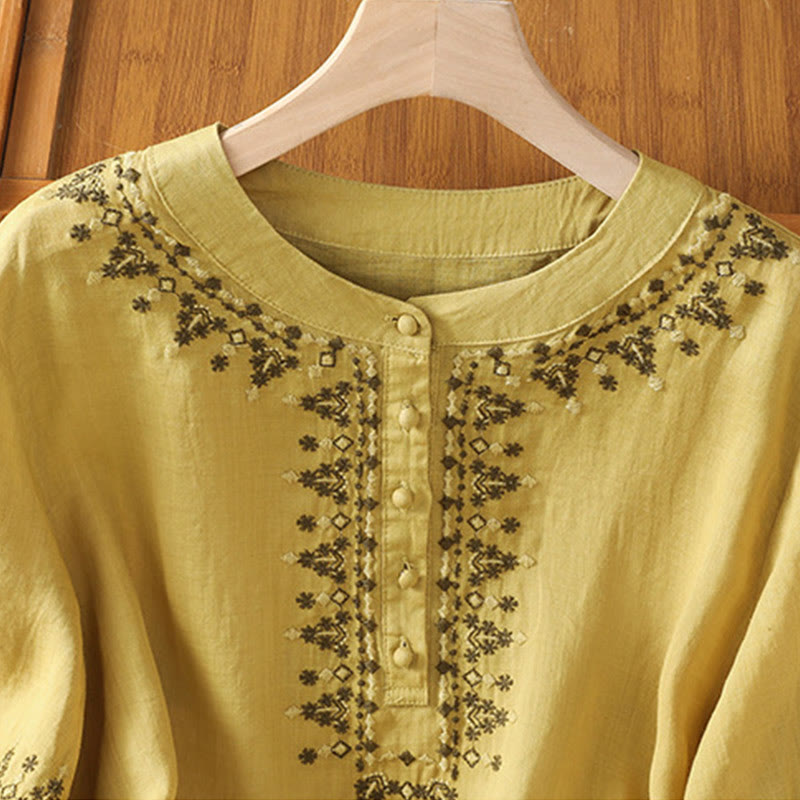 Tactile Cotton Embroidered Crew Neck Meditation Shirt