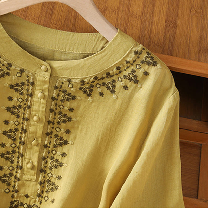 Tactile Cotton Embroidered Crew Neck Meditation Shirt