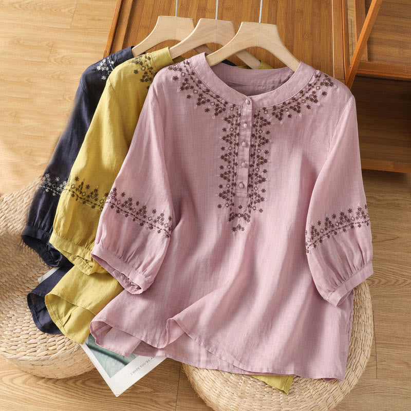 Tactile Cotton Embroidered Crew Neck Meditation Shirt
