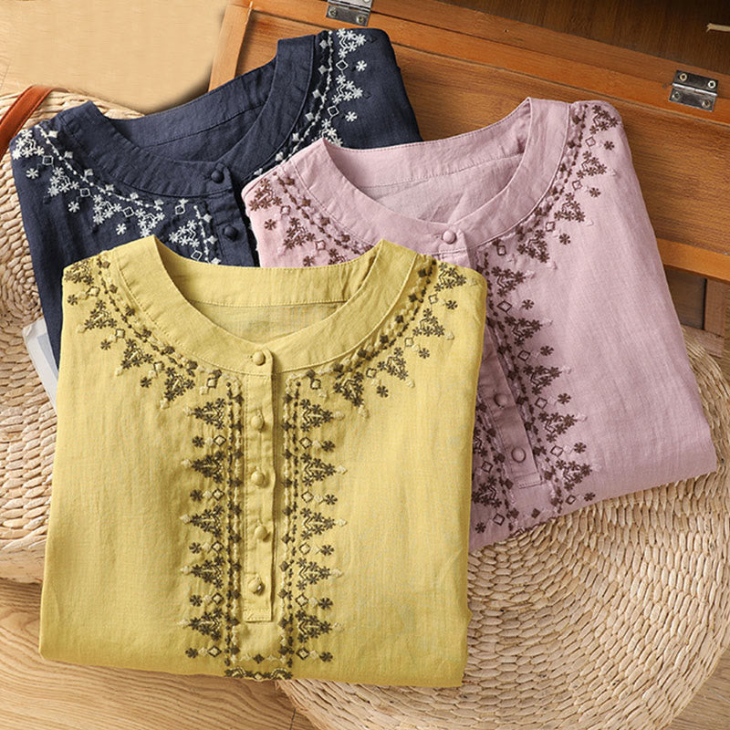 Tactile Cotton Embroidered Crew Neck Meditation Shirt