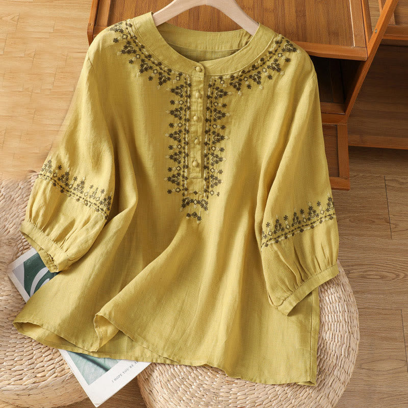 Tactile Cotton Embroidered Crew Neck Meditation Shirt