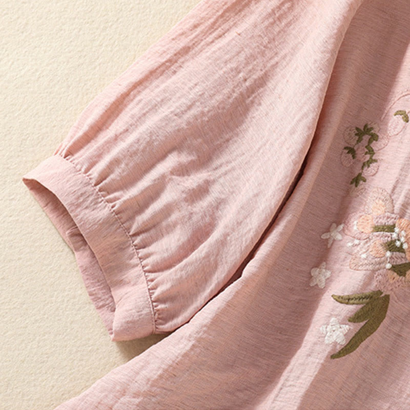 Botanical Embroidered Cotton V-Neck Mindful Movement Shirt
