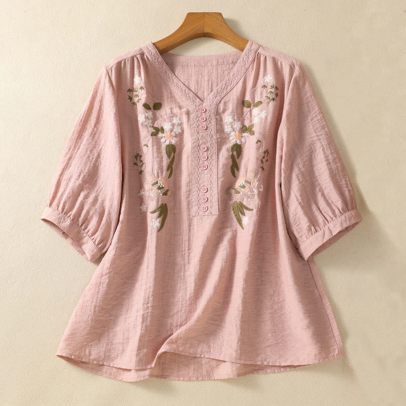 Botanical Embroidered Cotton V-Neck Mindful Movement Shirt