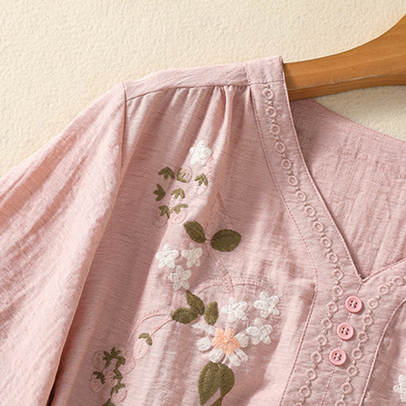 Botanical Embroidered Cotton V-Neck Mindful Movement Shirt
