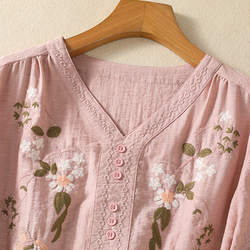 Botanical Embroidered Cotton V-Neck Mindful Movement Shirt
