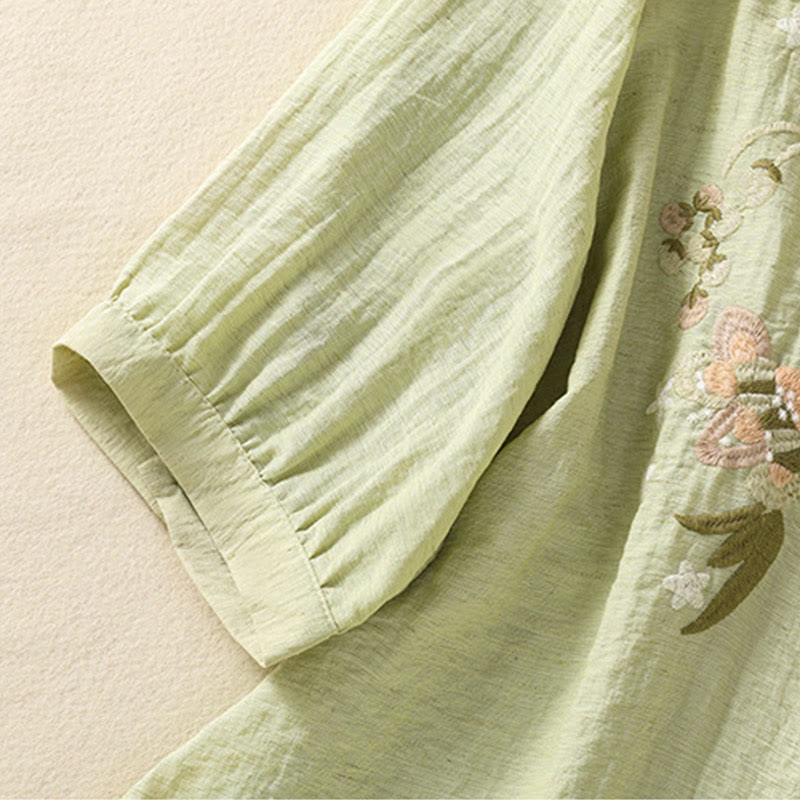 Botanical Embroidered Cotton V-Neck Mindful Movement Shirt