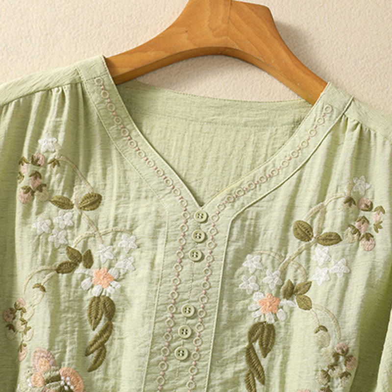 Botanical Embroidered Cotton V-Neck Mindful Movement Shirt