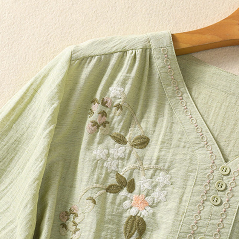 Botanical Embroidered Cotton V-Neck Mindful Movement Shirt
