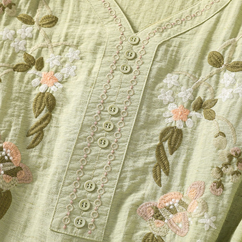 Botanical Embroidered Cotton V-Neck Mindful Movement Shirt