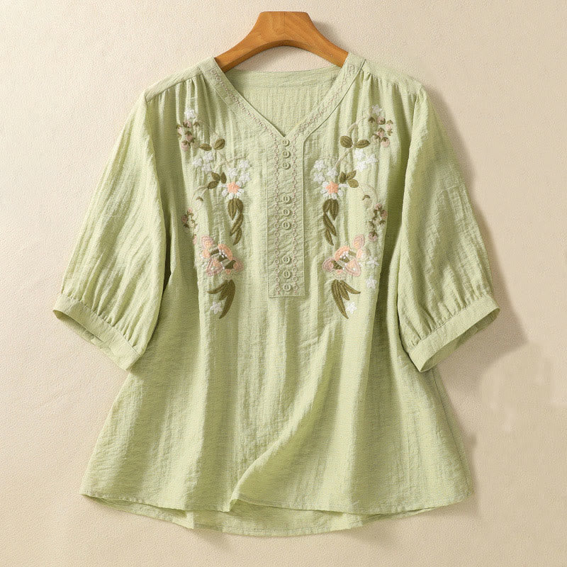 Botanical Embroidered Cotton V-Neck Mindful Movement Shirt