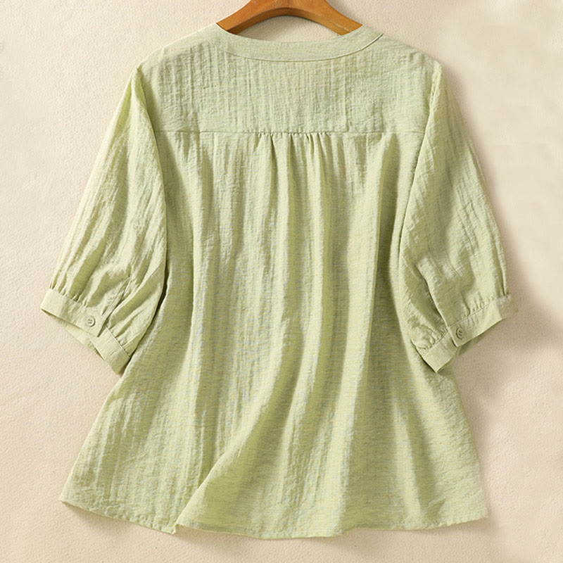Botanical Embroidered Cotton V-Neck Mindful Movement Shirt