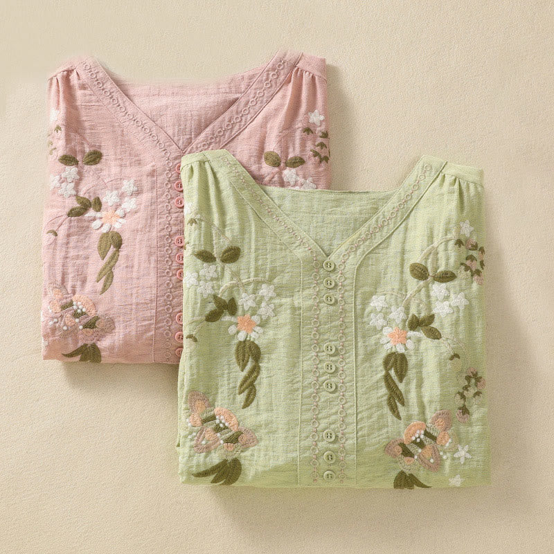 Botanical Embroidered Cotton V-Neck Mindful Movement Shirt