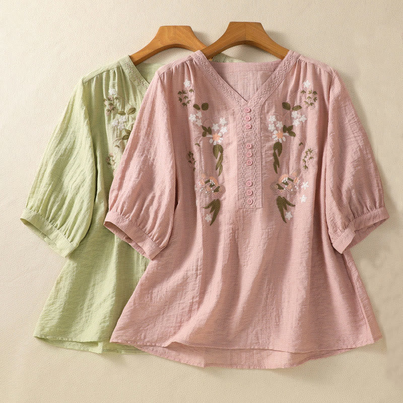 Botanical Embroidered Cotton V-Neck Mindful Movement Shirt