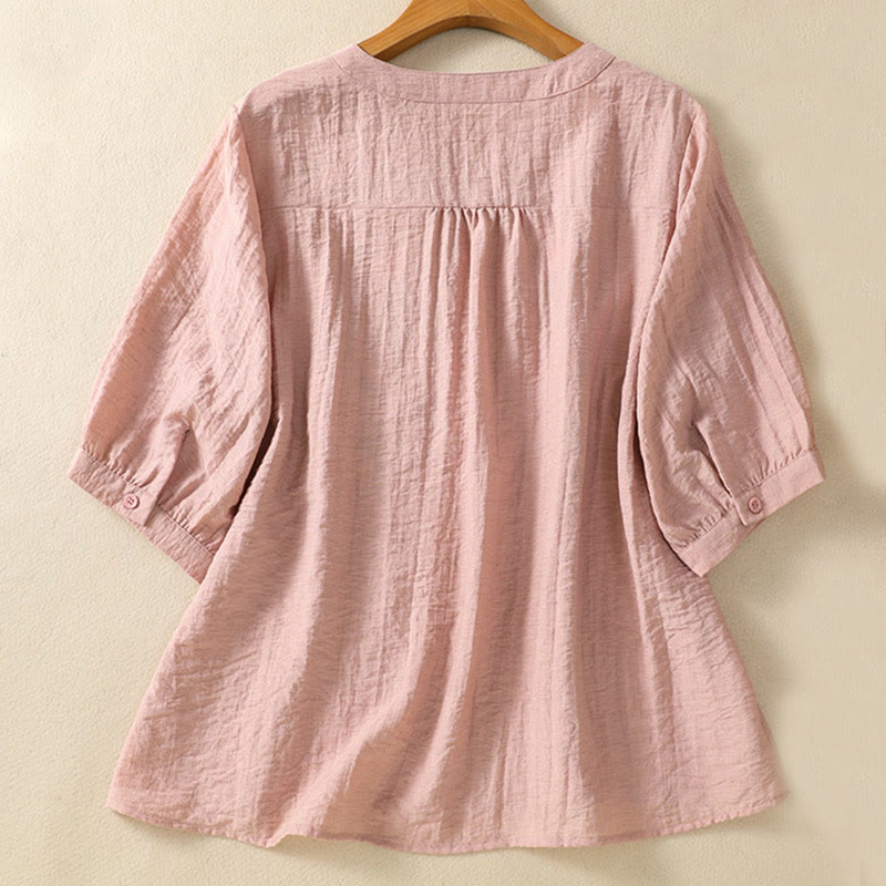 Botanical Embroidered Cotton V-Neck Mindful Movement Shirt