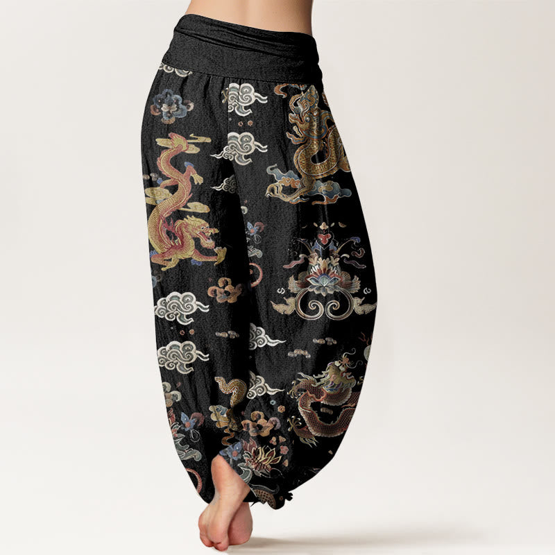 Pure Cotton Golden Dragons Auspicious Clouds Design Women's Elastic Waist Harem Pants