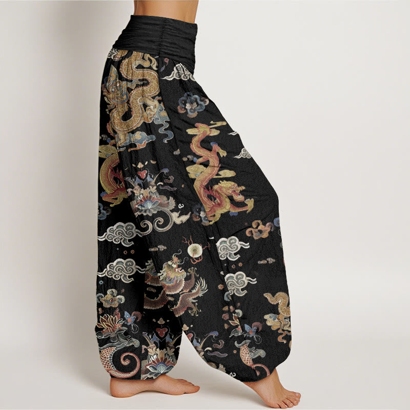 Pure Cotton Golden Dragons Auspicious Clouds Design Women's Elastic Waist Harem Pants