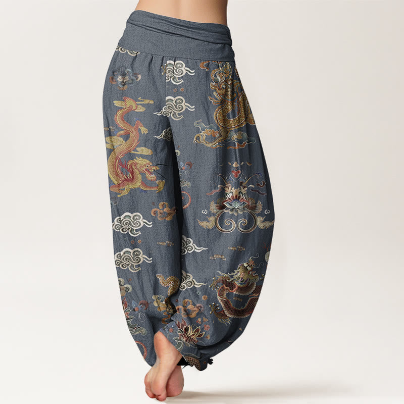 Pure Cotton Golden Dragons Auspicious Clouds Design Women's Elastic Waist Harem Pants