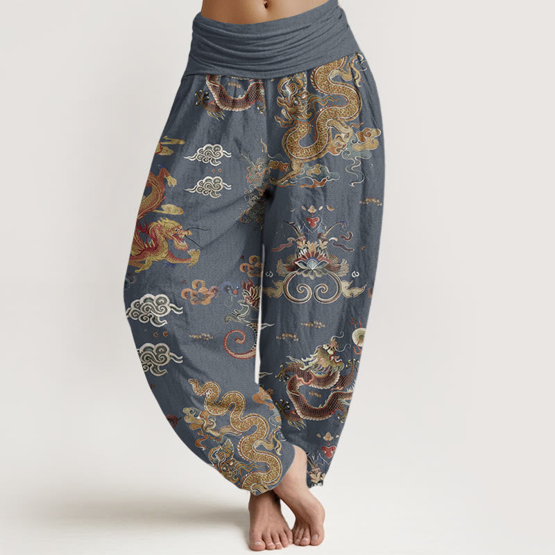 Pure Cotton Golden Dragons Auspicious Clouds Design Women's Elastic Waist Harem Pants
