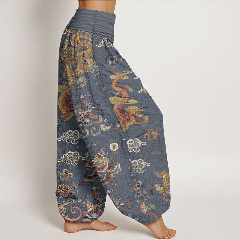 Pure Cotton Golden Dragons Auspicious Clouds Design Women's Elastic Waist Harem Pants