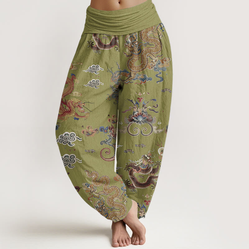 Pure Cotton Golden Dragons Auspicious Clouds Design Women's Elastic Waist Harem Pants