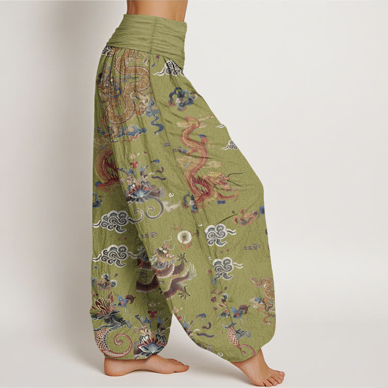 Pure Cotton Golden Dragons Auspicious Clouds Design Women's Elastic Waist Harem Pants