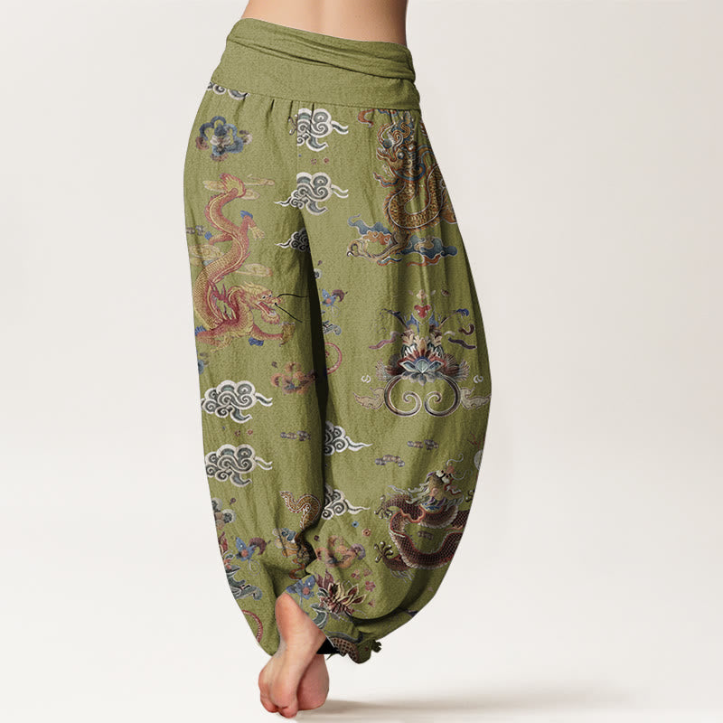 Pure Cotton Golden Dragons Auspicious Clouds Design Women's Elastic Waist Harem Pants