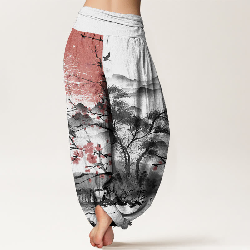 Pure Cotton Casual Red Plum Blossom Mountains Sun Pattern Women's Elastic Waist Harem Pants
