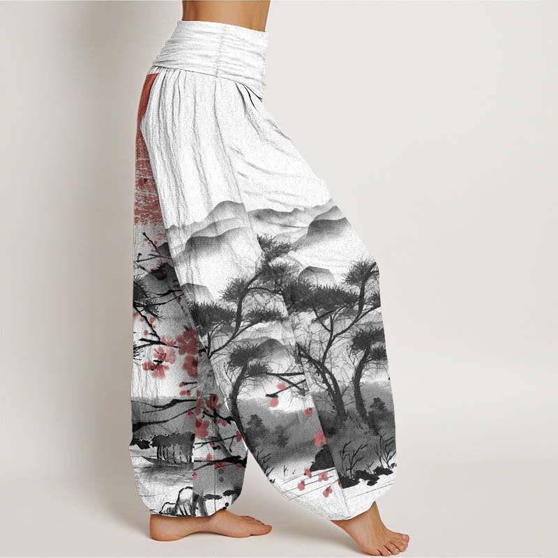 Pure Cotton Casual Red Plum Blossom Mountains Sun Pattern Women's Elastic Waist Harem Pants
