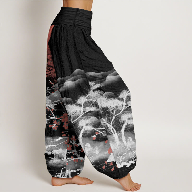 Pure Cotton Casual Red Plum Blossom Mountains Sun Pattern Women's Elastic Waist Harem Pants