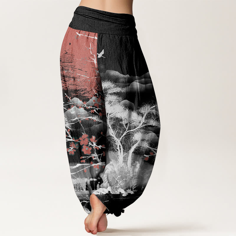 Pure Cotton Casual Red Plum Blossom Mountains Sun Pattern Women's Elastic Waist Harem Pants