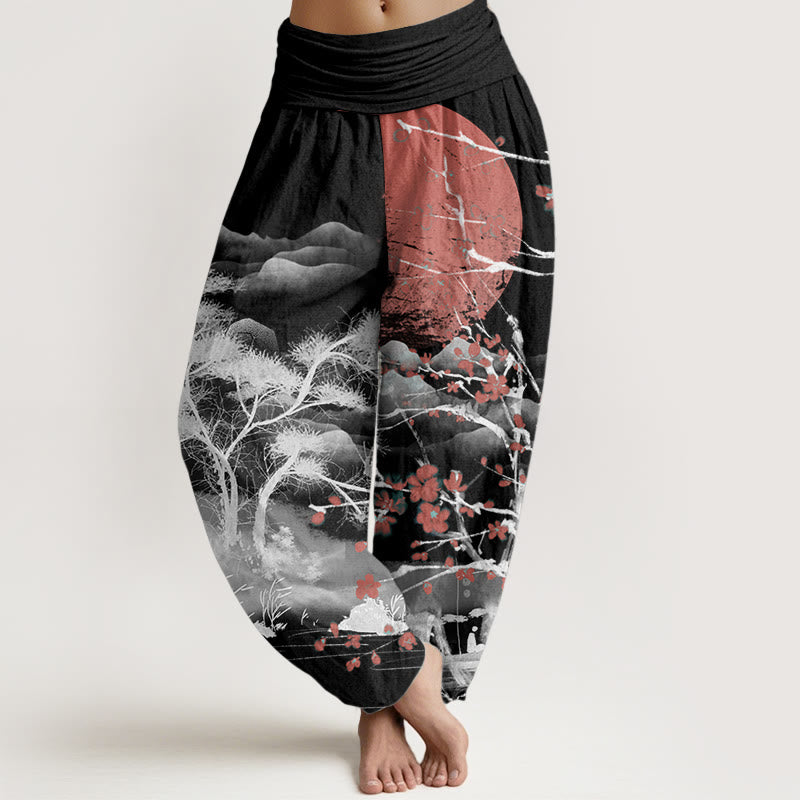 Pure Cotton Casual Red Plum Blossom Mountains Sun Pattern Women's Elastic Waist Harem Pants